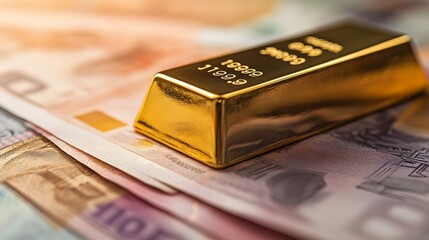 A close up photograph showcasing a shiny gold bar positioned atop a stack of currency bills representing the concept of wealth financial prosperity and successful investments
