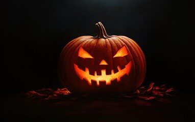 Fototapeta premium A spooky jack-o'-lantern illuminates the darkness, perfect for Halloween festivities and seasonal decor inspiration.