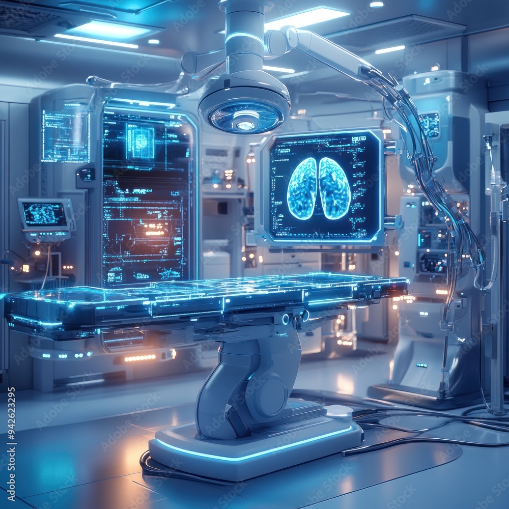 Poster futuristic operating room with robotic arm and digital display