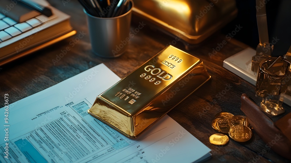 Aufkleber close up shot of a shiny gold bar placed on a sleek wooden desk next to an open financial report cre