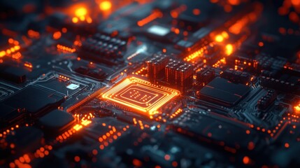 Obraz premium Close-up of a glowing red circuit board with a central processor