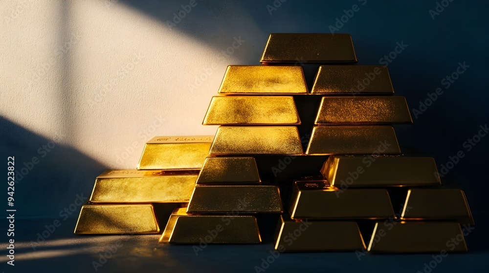 Poster meticulously arranged pyramid of gleaming golden bars with a soft shadow creating a striking backdro