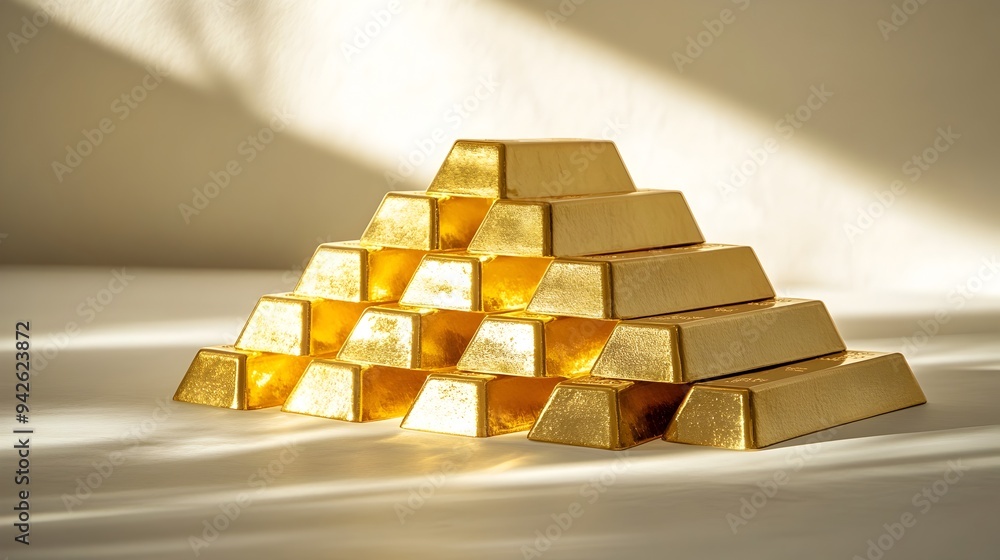 Poster stunning arrangement of multiple gleaming gold bars stacked in a pyramid shape with soft shadow effe