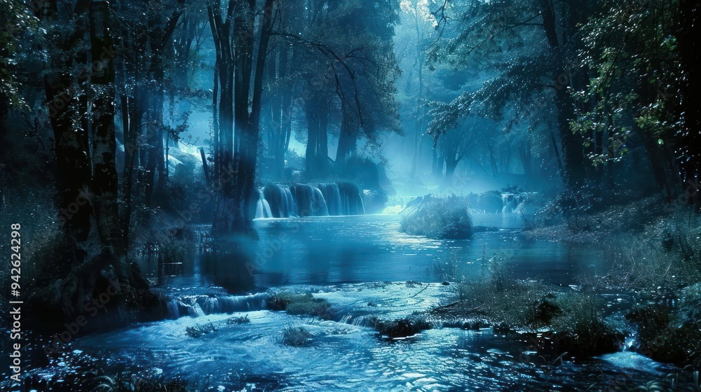 Poster Mystical Waterfall in a Foggy Forest.