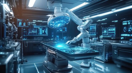 Futuristic Operating Room with Robotic Arm and Digital Displays