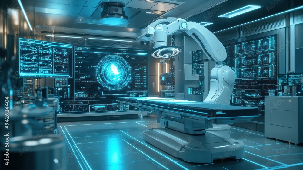 Poster futuristic operating room with robotic arm and digital displays