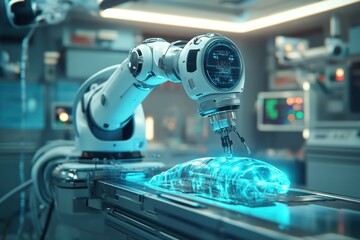 Fototapeta premium Robotic Arm Examining a Glowing Object on a Conveyor Belt