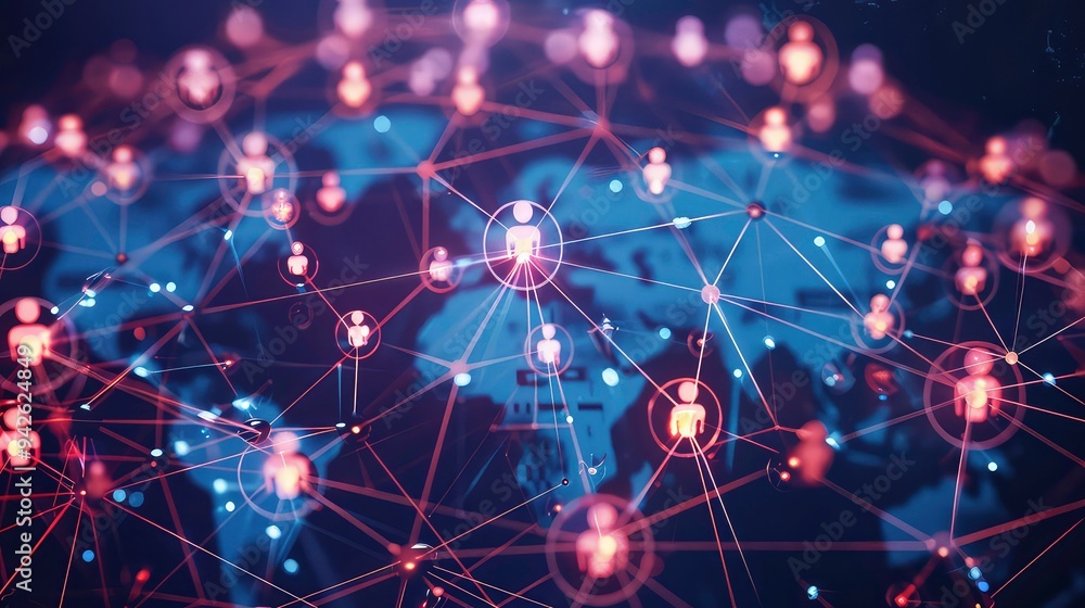Poster abstract network of glowing lines and dots representing interconnected people, representing a global
