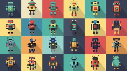 Colorful Robot Icons with Long Shadows.