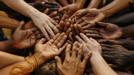  A close-up of diverse hands coming together in a unified gesture, symbolizing community, cooperation, and mutual support, emphasizing the strength and bond within a connected group.