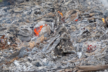 Close up of burning wood embers. Burning wood and dry leaves to clean the garden. Abstract shapes, patterns and textures