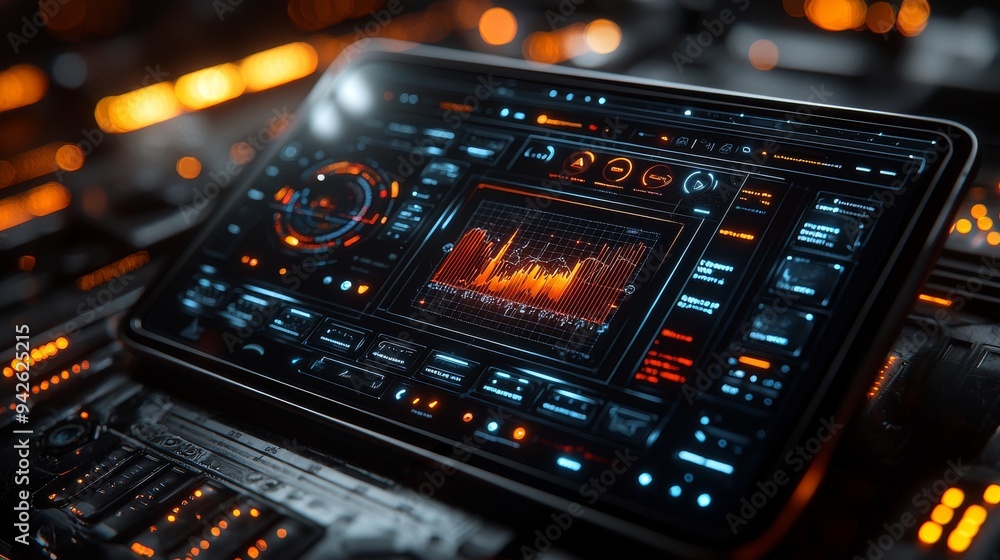 Poster futuristic interface with data analytics dashboard on tablet