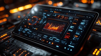 Naklejka premium Futuristic Interface with Data Analytics Dashboard on Tablet