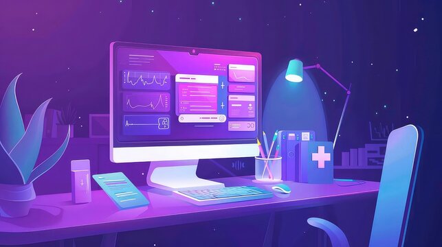A purple computer desk with a computer, keyboard, mouse, lamp, and plant.