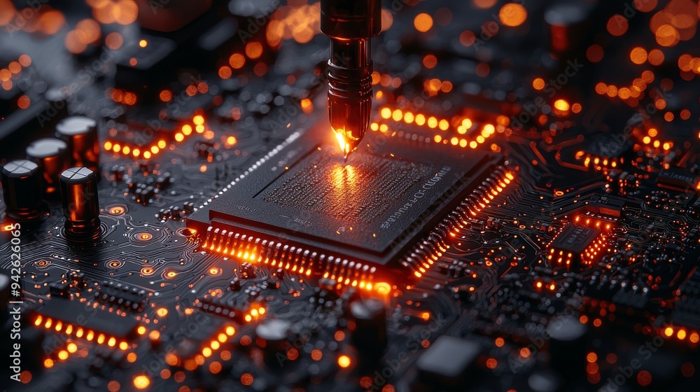 Poster glowing circuit board with processor closeup