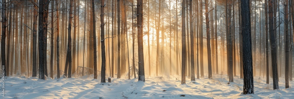 Canvas Prints Winter Morning in a Tall Pine Forest with Sunlit Fog