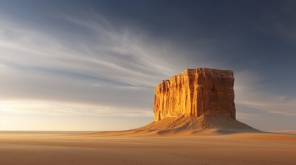 Naklejka premium Majestic Rock Formation in Vast Desert, a towering sandstone cliff rises amidst golden sands under a dramatic sky, showcasing natures timeless beauty and solitude.
