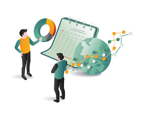 Business professionals with a calendar and graphs