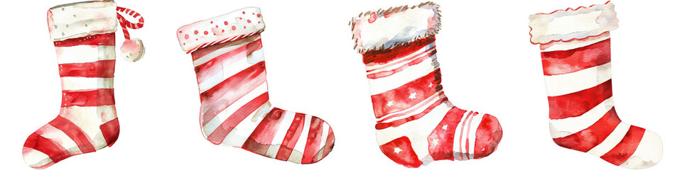 Watercolor Christmas Stockings Set Isolated on White Background, Christmas, Holiday, Decoration, Gift