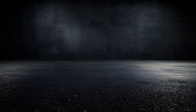 black asphalt road and empty dark street scene background with studio room interior texture for display products wall background