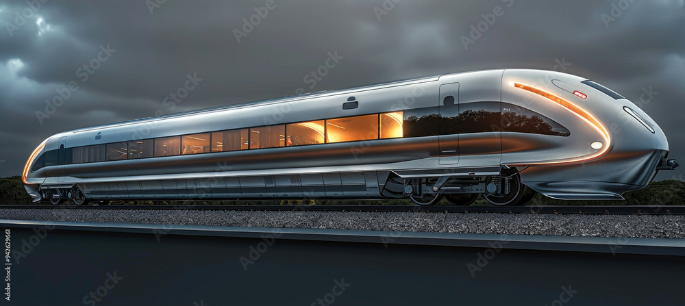 Poster a sleek silver bullet train. modern train, with sleek lines and a polished metallic surface. generat
