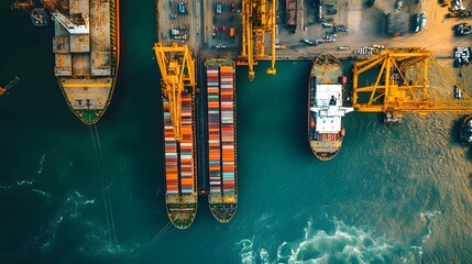 Aerial view of a shipyard with cranes and cargo containers in a high-contrast setting