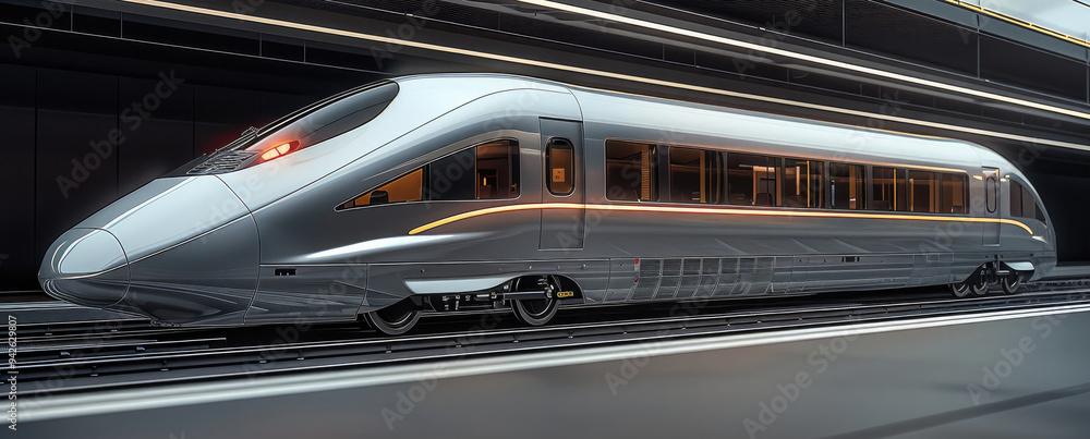 Poster a sleek silver bullet train. modern train, with sleek lines and a polished metallic surface. generat