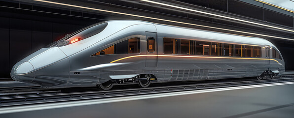 A sleek silver bullet train. modern train, with sleek lines and a polished metallic surface. Generative AI.