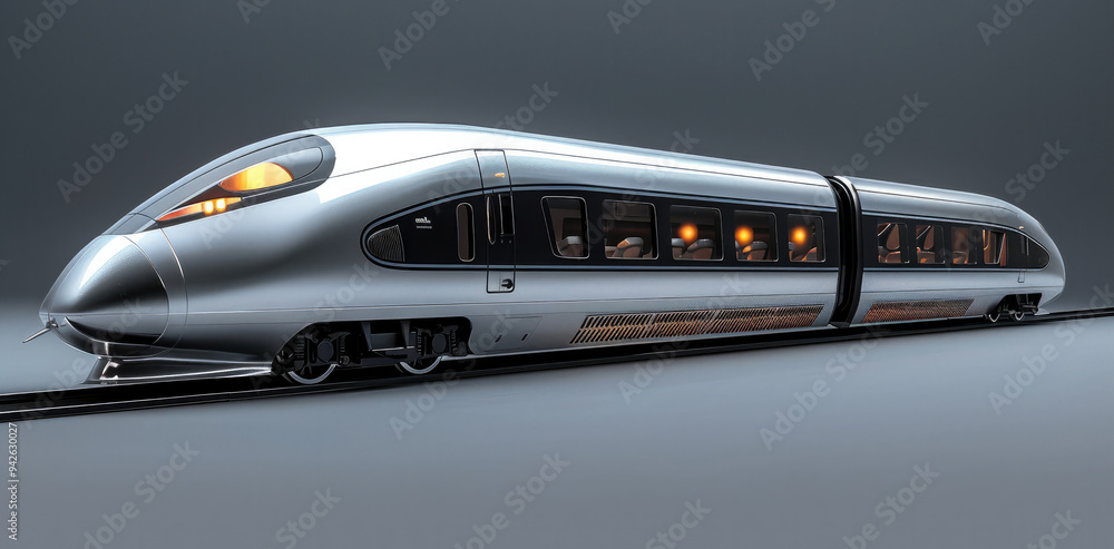 Poster a sleek silver bullet train. modern train, with sleek lines and a polished metallic surface. generat