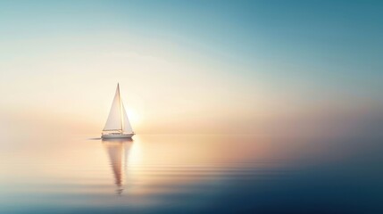 Fototapeta premium Serene sunrise sailing, a lone sailboat glides across calm waters, reflecting gentle hues of dawn in a tranquil bay, inviting peace and solitude.
