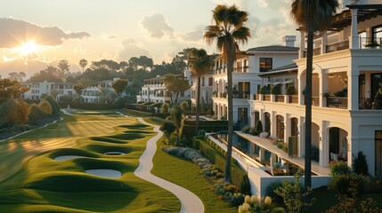 Naklejka premium Luxury housing complex with golf course. Generative AI.