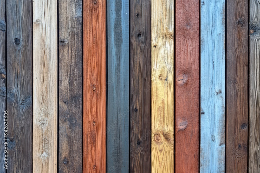 Wall mural close up of abstract wall made of color wooden planks. timber texture in vertical planks pattern. rustic style wallpaper , ai