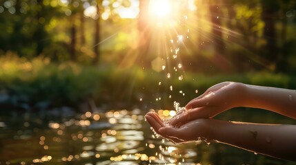 Water droplets falling on hands with sunlight shining through a forest in the background.