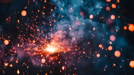 Obraz premium Close-up of industrial welding with bright sparks and smoke in a dark, dramatic scene