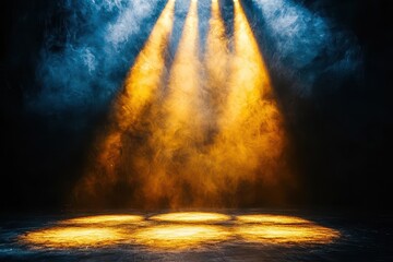 Obraz premium Golden spotlight illuminating a dark stage, soft beams spreading outwards, elegant and regal mood