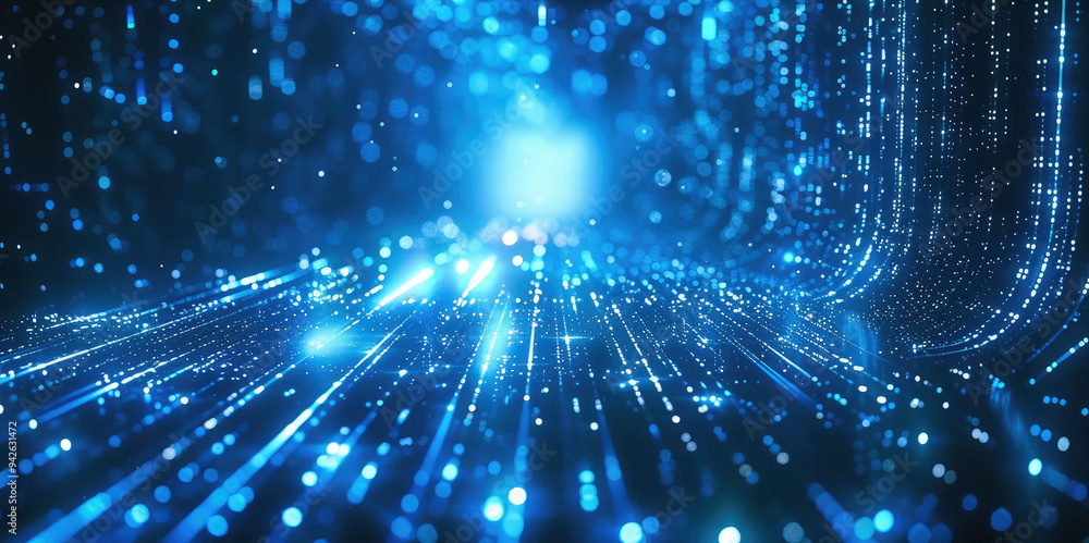 Poster abstract blue background data technology glowing lines. generative ai.
