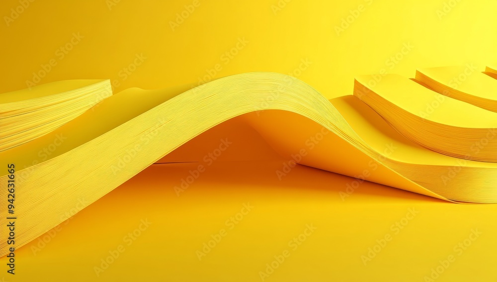 Poster yellow abstract paper with waves and curves, 3d rendering, high resolution close-up of detailed text