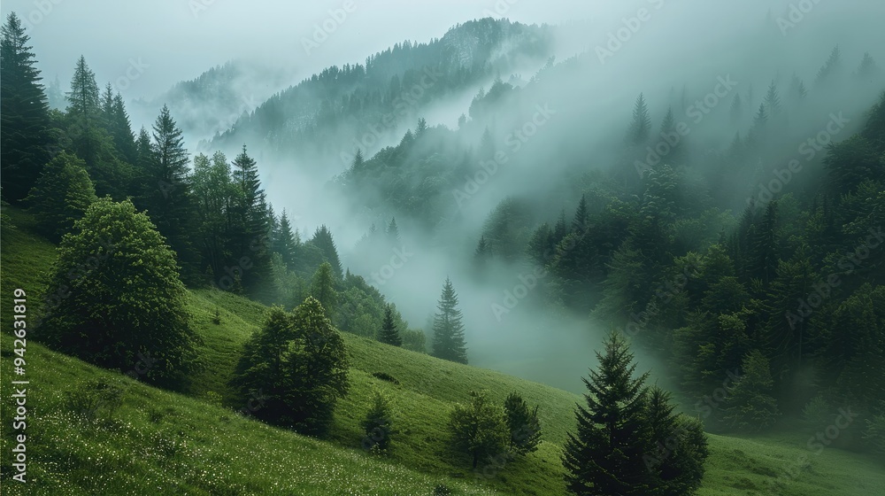 Poster A green hillside with a foggy forest. Generative AI.