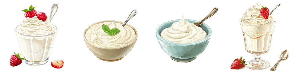 Whipped Cream Dessert Variations, isolated on white background, dessert, sweet, whipped cream, cream , strawberry