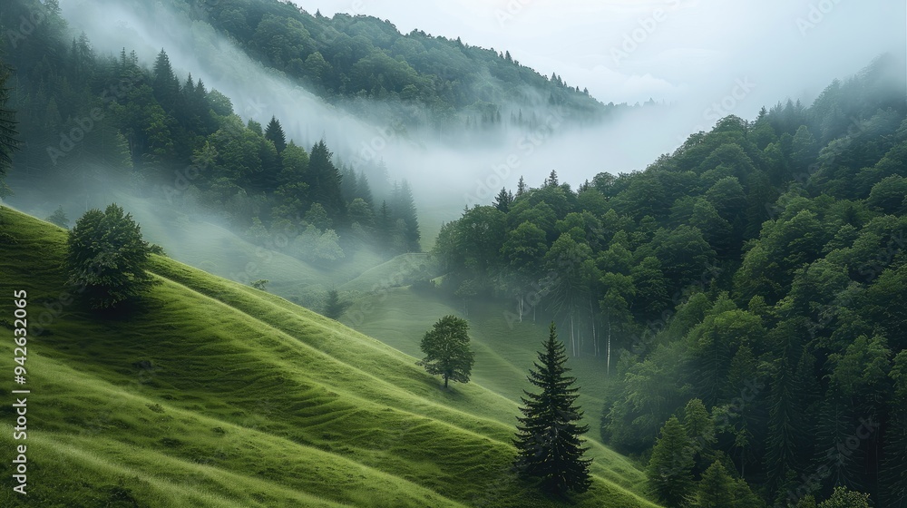 Poster A green hillside with a foggy forest. Generative AI.
