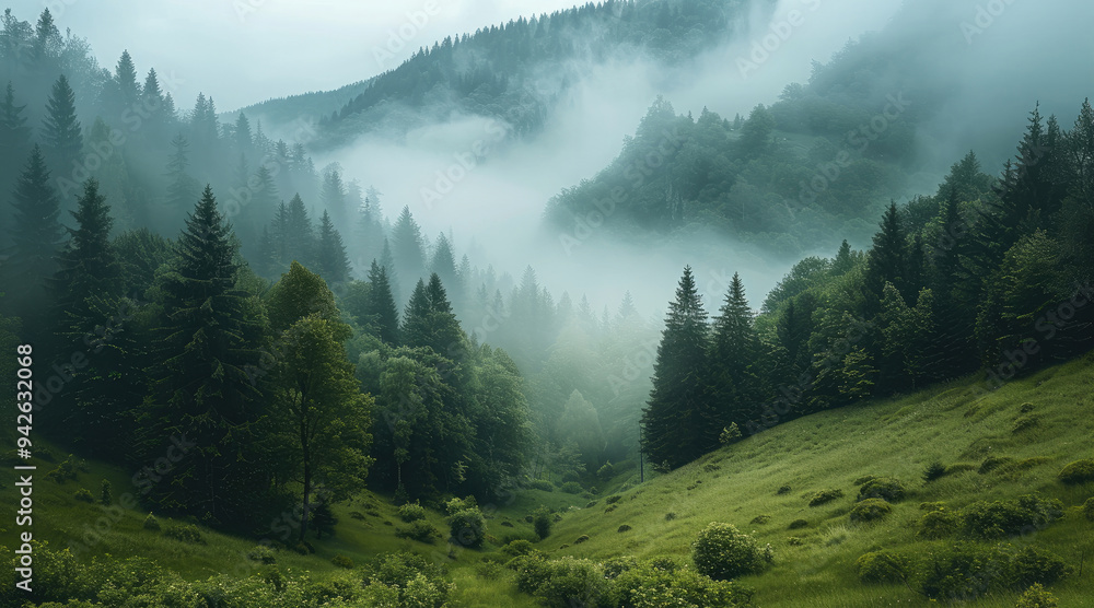Poster A green hillside with a foggy forest. Generative AI.