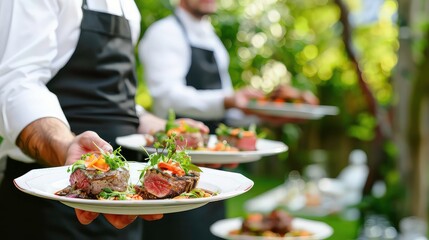 A waiter holds a plate of gourmet meat with garnish, with other plates and waiters in the background.