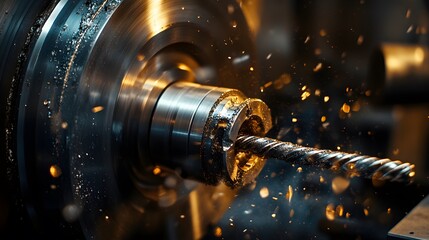 Close-up of a lathe machine in operation with high-contrast lighting and metallic textures