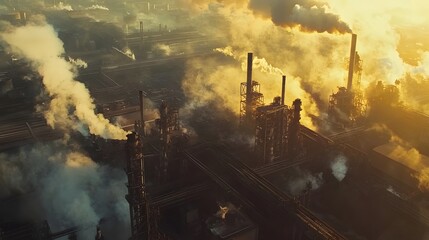 Fototapeta premium Aerial view of a large steel mill with smoke and backlit machinery in a high-contrast scene