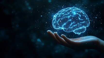 A hand holding a luminous brain on a dark background. The concept of AI, science and digital technology