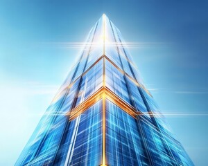 A stunning view of a modern skyscraper against a bright blue sky, showcasing architectural excellence and innovative design.