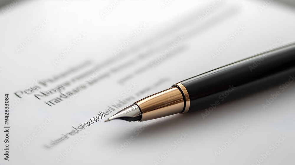 Poster close up shot of a contract document with a pen placed diagonally ready for signing isolated on a cl