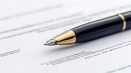 A close up view of a professional contract or legal document with a pen placed diagonally ready for signing isolated on a clean white background  Concept of business legal