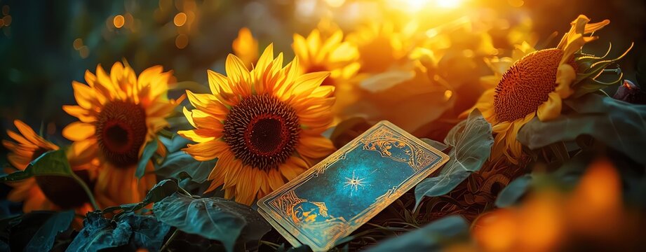 Astrological business advice, tarot theme with glowing elegant Executive Sunflowers blooming