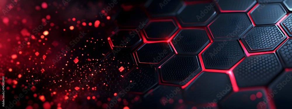 Poster modern dark hexagonal carbon fiber with red luminous lines and highlights background.ai generated im